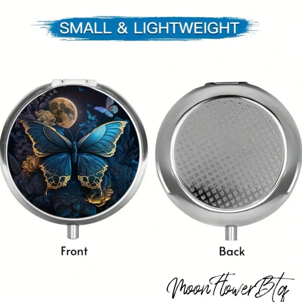 Blue Butterfly Moon Pill Box Celestial 3 Compartment Organizer